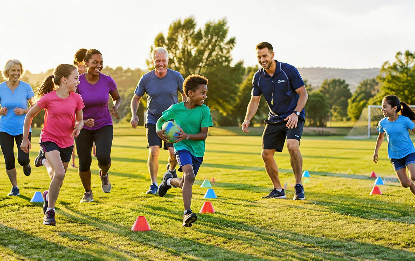 Jong en oud doen samen een sportief spel op het veld onder begeleiding van een trainer